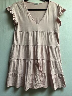 Marigolden Pink Tiered Flutter Sleeve Mini Dress Pockets Size S
